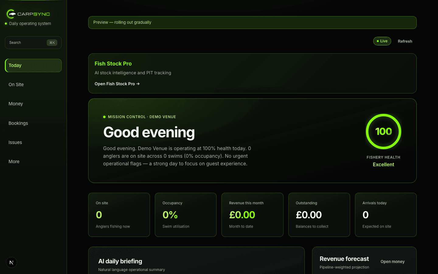 CarpSync owner dashboard showing bookings, payments and fishery operations